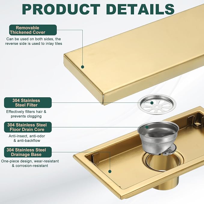 uxcell Rectangular Shower Drain, Brushed 304 Stainless Steel Odor-Proof Floor - Image 3