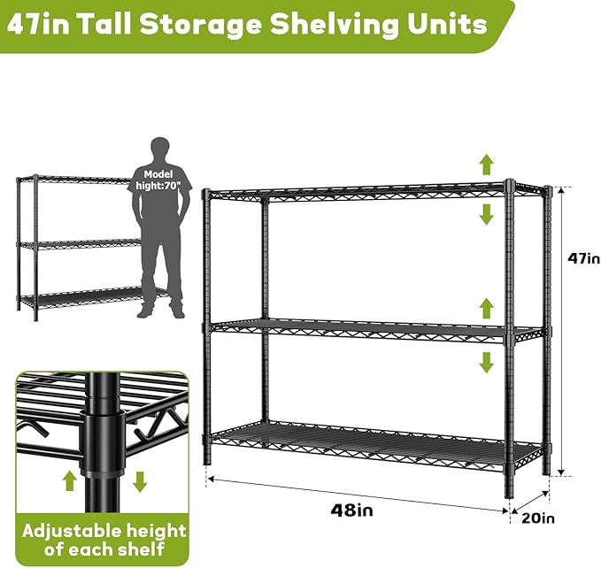 Storage Shelves, 3-Tier Adjustable Metal Industrial Utility Shelf Rack - Image 3