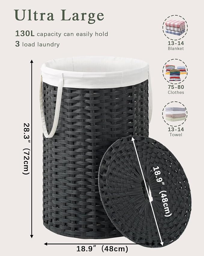 Large Laundry Hamper Laundry Basket Round 34.3 Gal Handwoven Wicker Laundry - Image 4