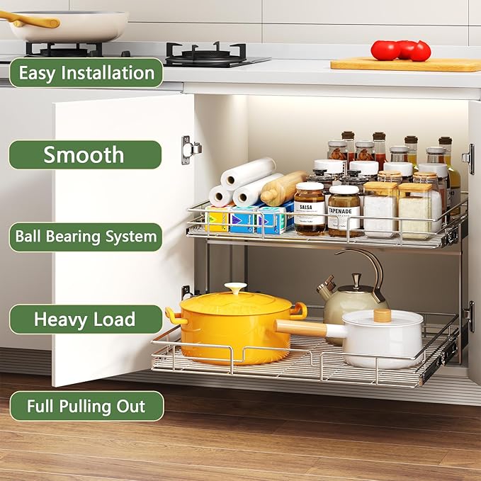 2 Tier Individual Pull Out Cabinet Organizer 27" W x 21½" D, Heavy Duty Cabinet - Image 2