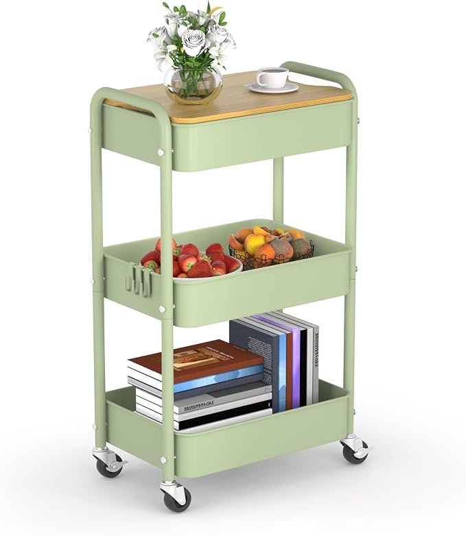 3 Tier Metal Utility Cart, Rolling Storage Cart by HIDODO