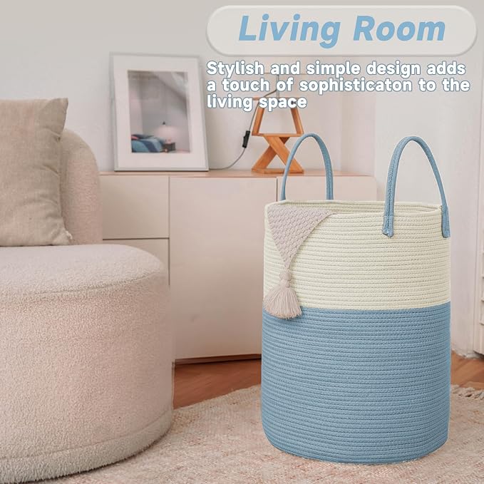 Large Woven Laundry Basket Hamper, 60L Cotton Rope Storage Bin - Image 3