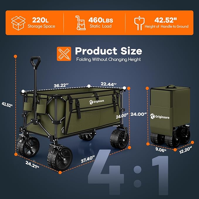 220L Collapsible Wagon Cart Foldable, 460lbs Load Capacity Heavy Duty Folding - Image 4