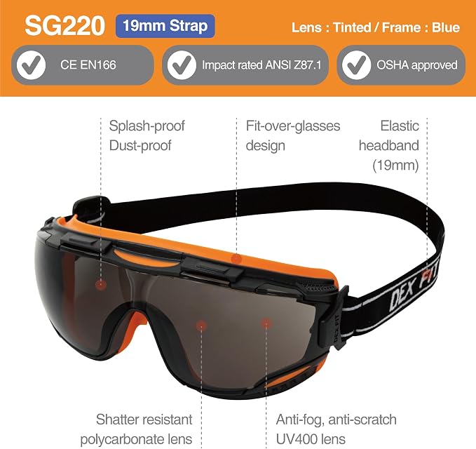 DEX FIT Protective Safety Goggles SG220; Anti Fog & Scratch, Z87 Eye Protection - Image 2