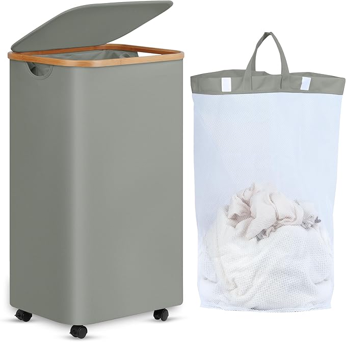 efluky Laundry Basket with Wheels, Tall Rolling Laundry Hamper with Lid and by efluky