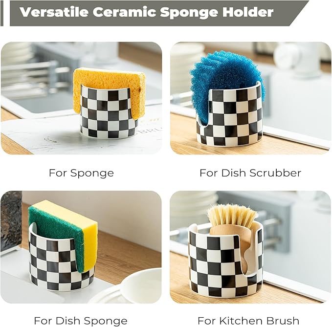 Checkered Kitchen Sink Sponge Holder, Dish Sponge Rack Ceramic Brush Holder - Image 4