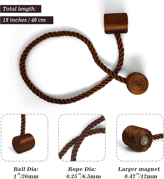 Hion Magnetic Curtain Tiebacks Dark Brown 2pcs, Curtain Tiebacks Buckles - Image 3