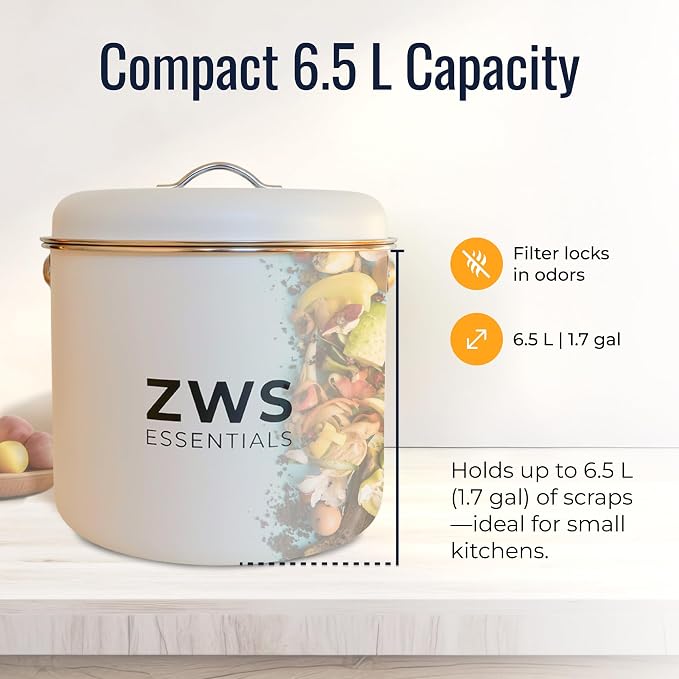 White Stainless Steel Compost Bin | 6.5L Odor-Free Kitchen Countertop Food - Image 6