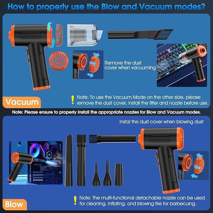 Compressed Air Duster, 100000RPM Handheld Car Vacuum/Air Blower& Pump, 3 Gear - Image 2