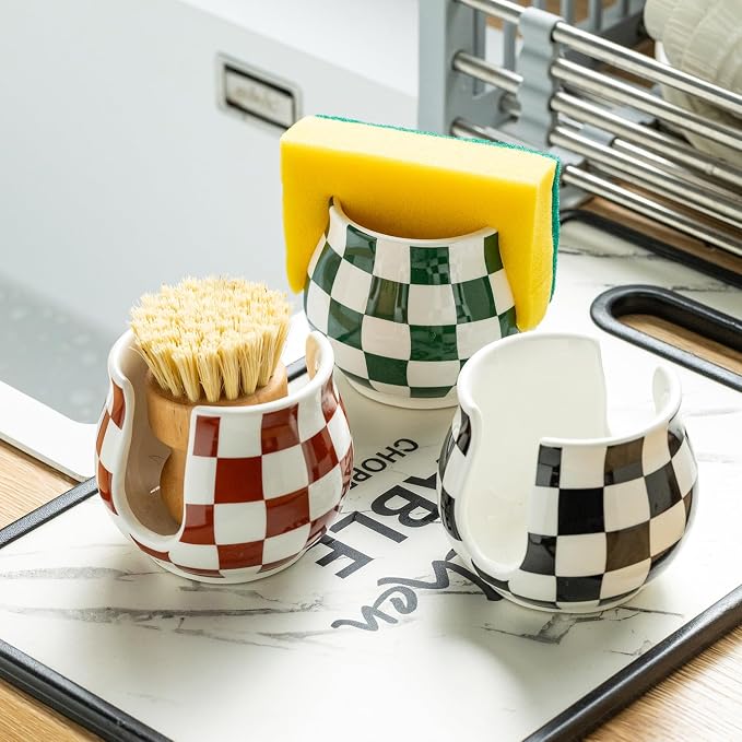 Checkered Sponge Holder for Kitchen Sink Counter, Ceramic Dish Sponge Caddy - Image 7