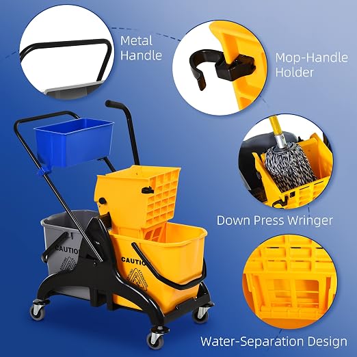 HOMCOM 2 x 6.9 Gallon Mop Water Bucket Wringer Cart - Image 5