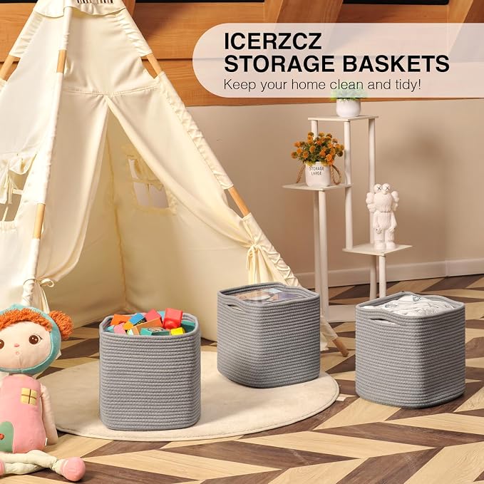 11 Inch Cube Storage Bins, Storage Cube Organizer Bins, Woven Cotton Rope Basket - Image 6