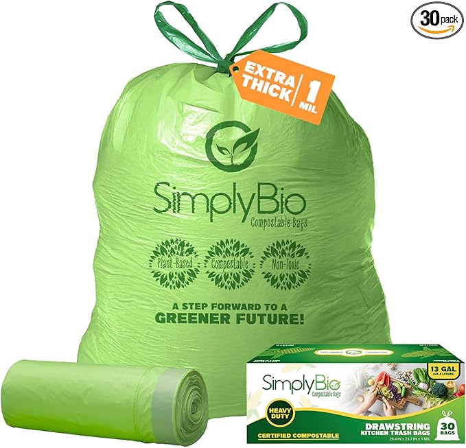 Simply Bio 13 Gallon Compostable Trash Bags Liners Drawstring, Heavy Duty Extra by SimplyBio
