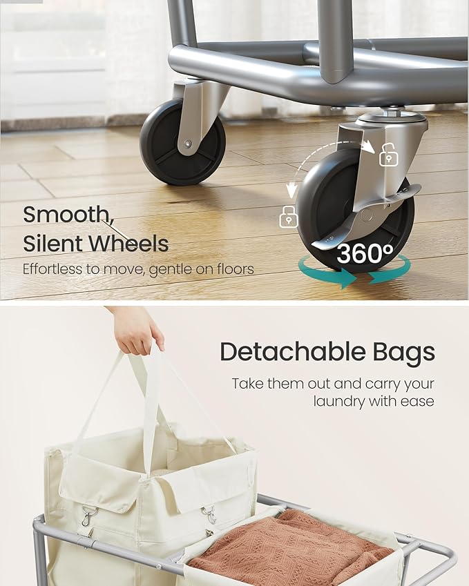 SONGMICS Laundry Basket with Wheels, 50.2 Gallons, 2-Section Rolling Laundry - Image 5