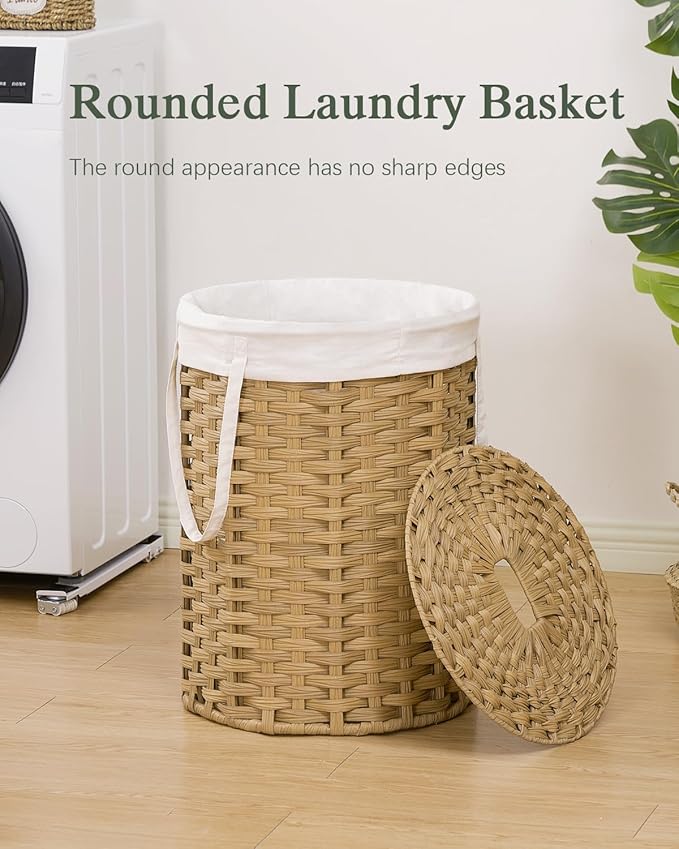 Laundry Hamper with Lid Laundry Basket with Lid 19.0 Gal Round Wicker Laundry - Image 2