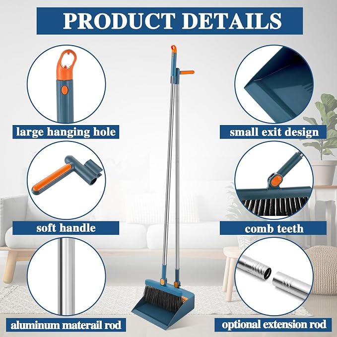 Suclain 4 Set 8 Pcs Broom and Dustpan Set 47 Inch Long Handle Brooms - Image 3