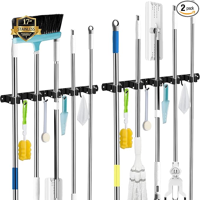 AceMining 2 Pack Black 5 Racks and 4 Hooks Mop and Broom Holder Wall Mount by AceMining