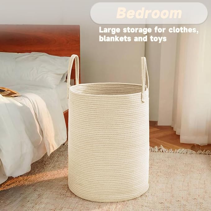 Large Woven Laundry Basket Hamper, 60L Cotton Rope Storage Bin - Image 4