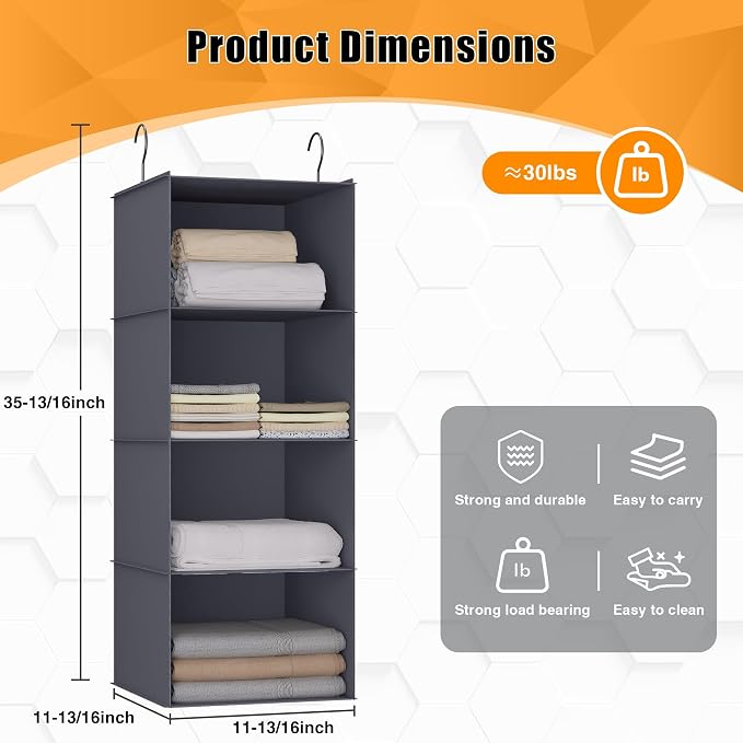 Hanging Closet Organizer, Easy Mount Foldable 4-Shelf Hanging Closet Wardrobe - Image 3