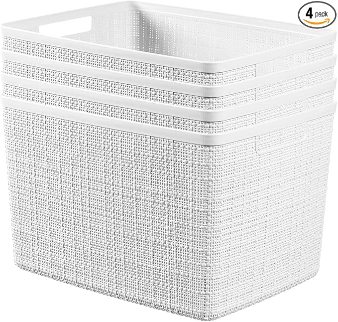 Curver Set of 4 Jute Large Decorative Plastic Organization and Storage Baskets by Curver