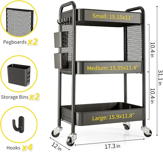 TOOLF 3 Tier Rolling Cart Storage Organizer, Metal Rolling Utility Car - Image 7