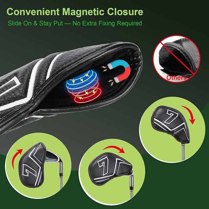 Welspo Magnetic Leather Golf Iron Head Covers 11 Pack Synthetic Leather Club - Image 4