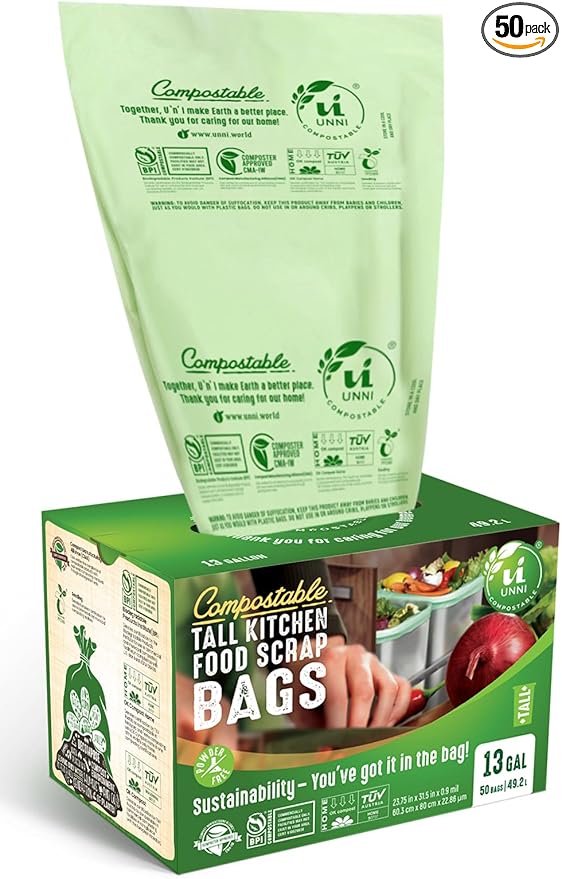 UNNI Compostable Trash Bags, 13 Gallon / 49.2 Liter, Extra Thick 0.9 Mil Tall by UNNI
