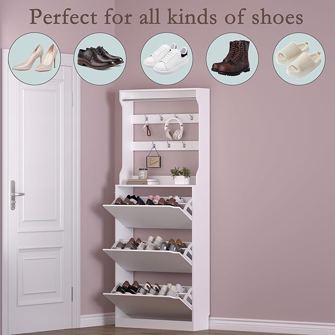 Shoe Cabinet with 3 Flip Drawers & Coat Rack, Narrow Hidden Shoe Storage Cabinet - Image 4