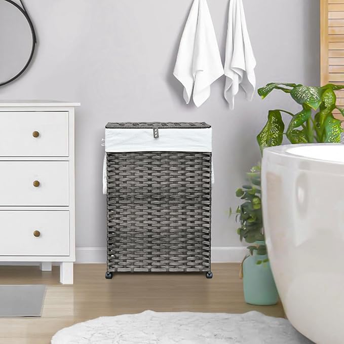 70L Slim Laundry Hamper with Lid & Wheels, 2-Park Rolling Laundry Basket with 4 - Image 3