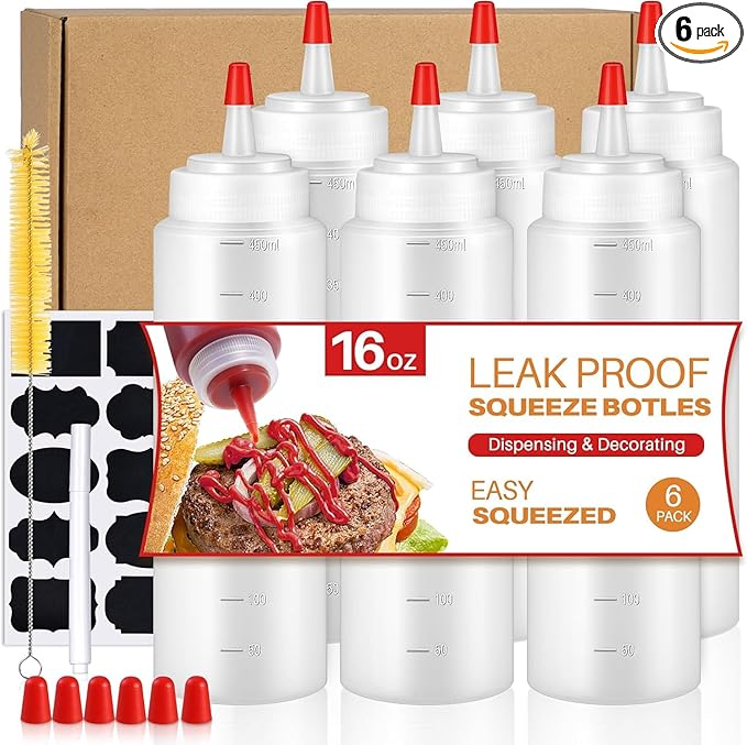 Squeeze Bottles, 16oz Leak-Proof Wide Mouth Condiment Squeeze Bottles by Sopito