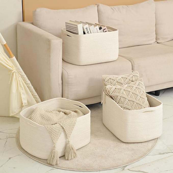 Large Storage Baskets for Organizing Shelves, Woven Cotton Rope Bins for Baby - Image 6