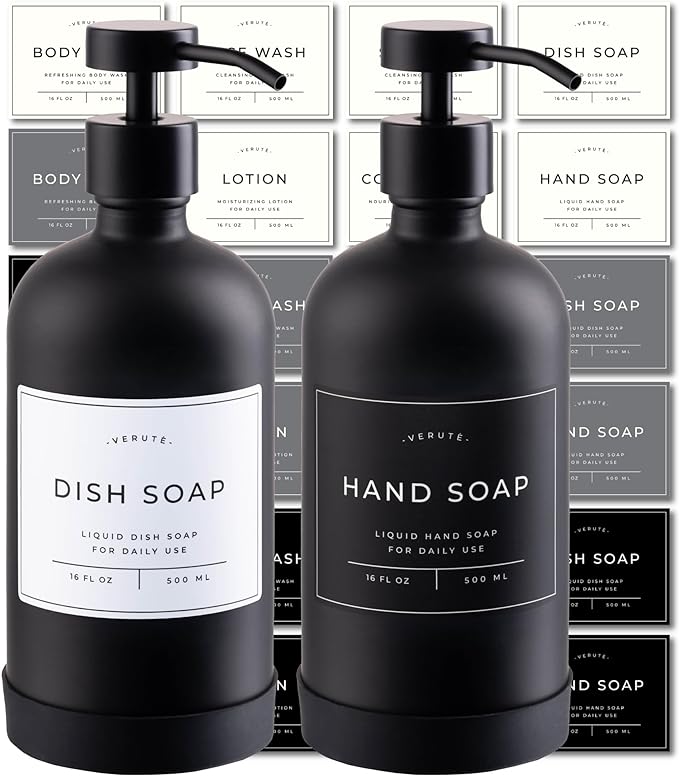 16oz Glass Soap Dispenser with Stainless Steel Pump, 21 Waterproof Labels by Verute