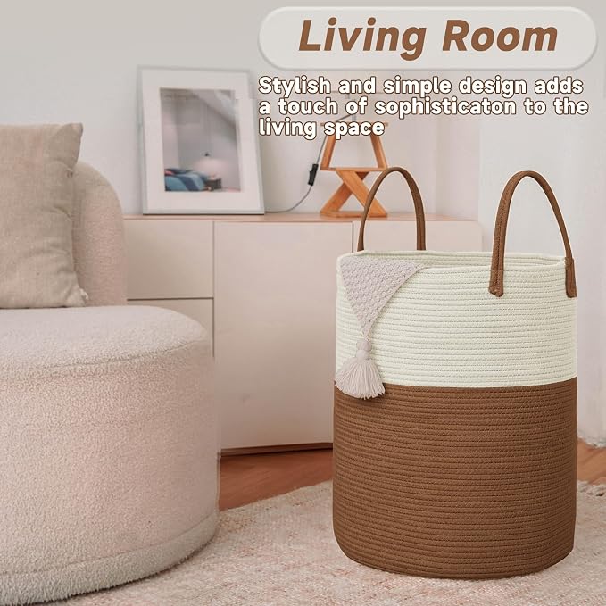 Large Woven Laundry Basket Hamper, 80L Cotton Rope Storage Bin - Image 3