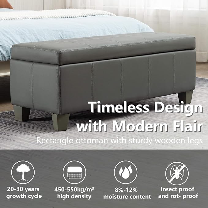 Grey Faux Leather Ottoman with Storage, Rectangular Extra Long Storage Bench - Image 4