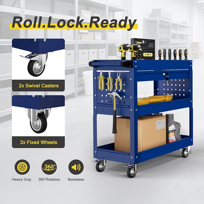 3-Tier Rolling Tool Cart with Drawers, Heavy Duty Utility Storage Cart with - Image 4