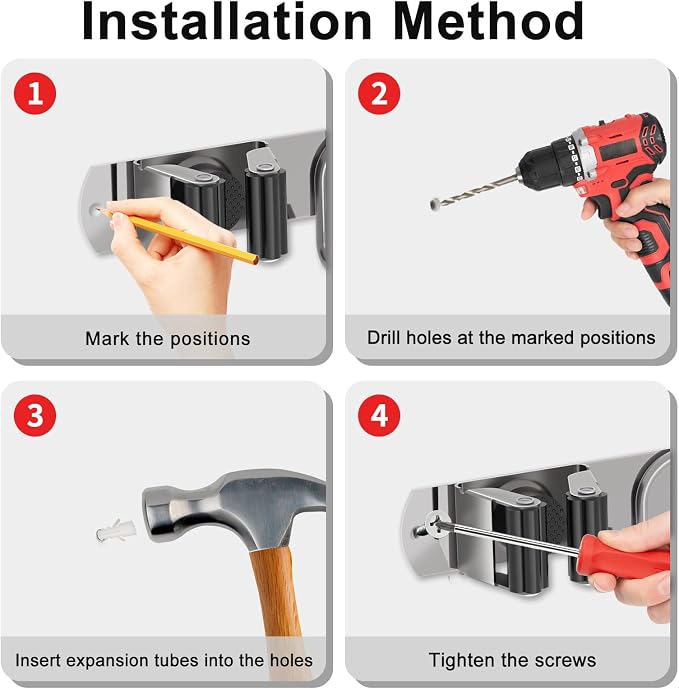 Mop Broom Holder Wall Mount, 2 Packs Silver Stainless Steel Tool Storage - Image 7