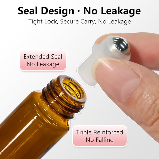 KEYWING 54 Pack Empty Essential Oil Roller Bottles – 10ml Amber Glass Roll-On - Image 4