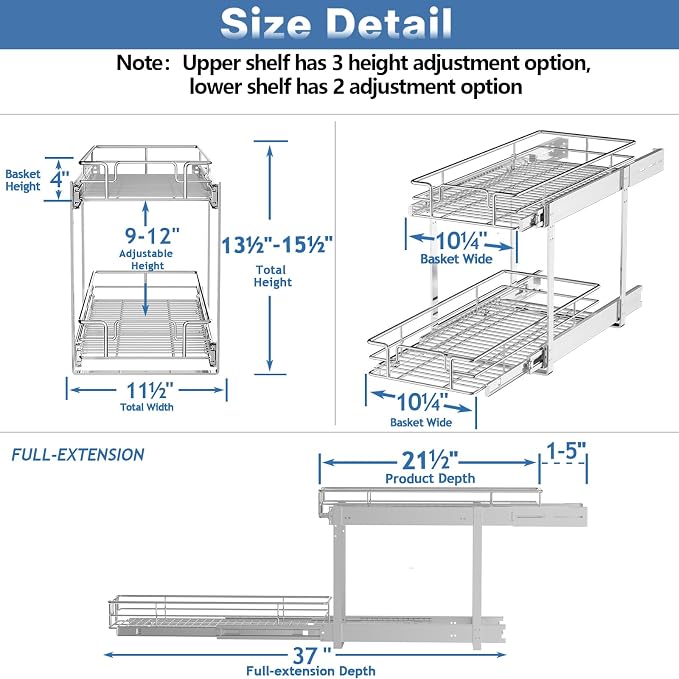 2 Tier Individual Pull Out Cabinet Organizer 11½" W x 21½" D, Heavy Duty - Image 3