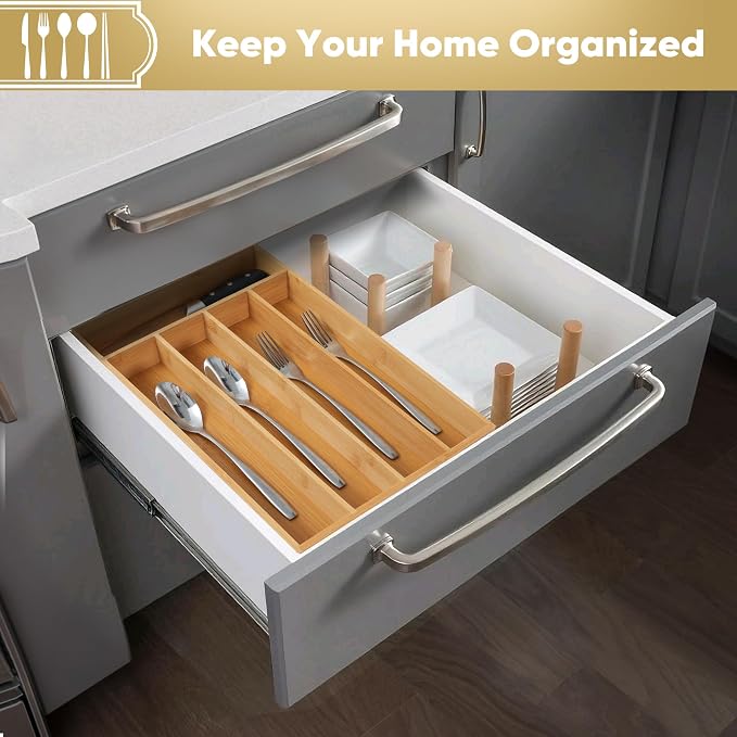 Silverware Organizer, 10 Inch Utensil Organizer Kitchen Drawer Organizer Bamboo - Image 5