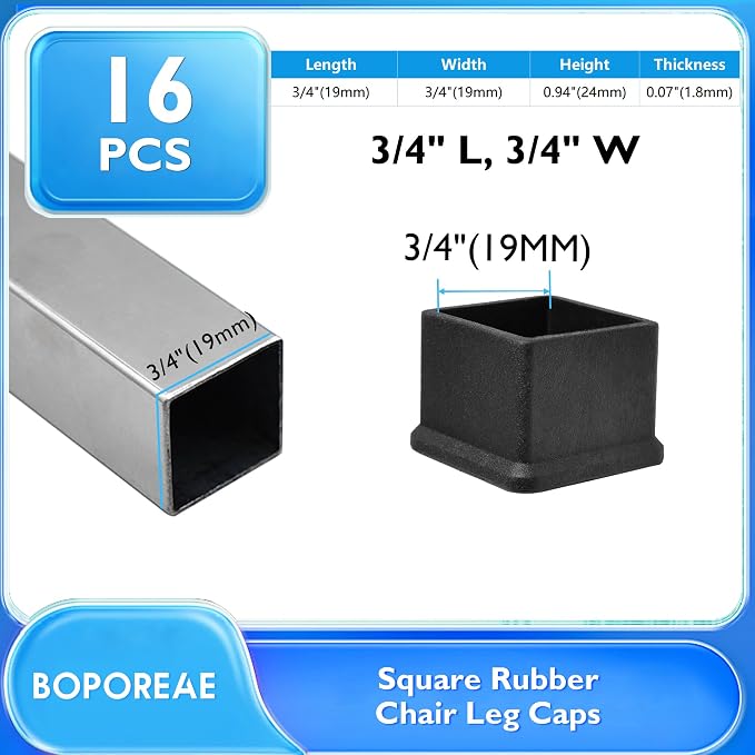 16 Pcs 3/4" x 3/4" Square Rubber Chair Leg Caps, PVC Table Leg Covers, Flexible - Image 2