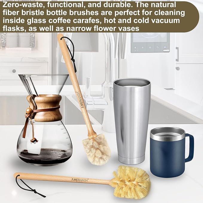 Bottle Brushes with Natural Bristles, 13-3/4 Inch Long Wood Handle Bottle Brush - Image 2