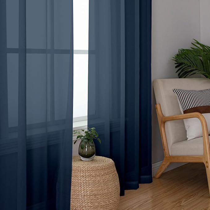 Chyhomenyc Sheer Navy Blue Curtains 90 inches Long 2 Panels, Light Filtering - Image 3
