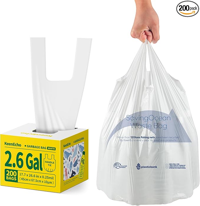 Small Trash Bags with Handles 2.6 Gallon 200 Count White by KeenEcho