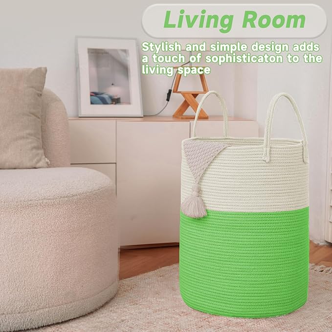 Large Woven Laundry Basket Hamper, 60L Cotton Rope Storage Bin - Image 3
