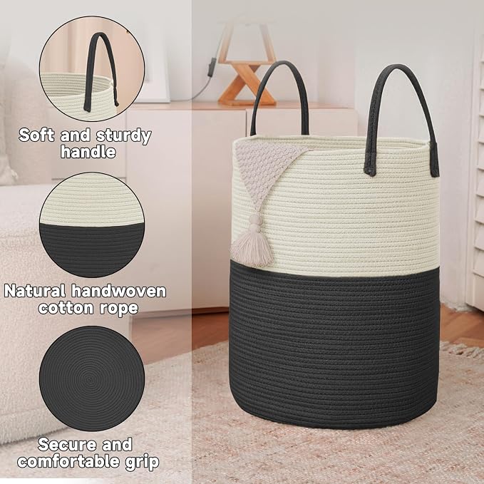 Large Woven Laundry Basket Hamper, 60L Cotton Rope Storage Bin - Image 6