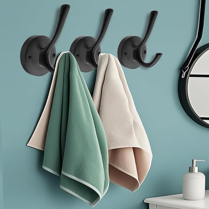 Black Wall Hooks, 6 Pack Coat Towel Hook Heavy Duty Metal Double Bath Robe Hook - Image 3