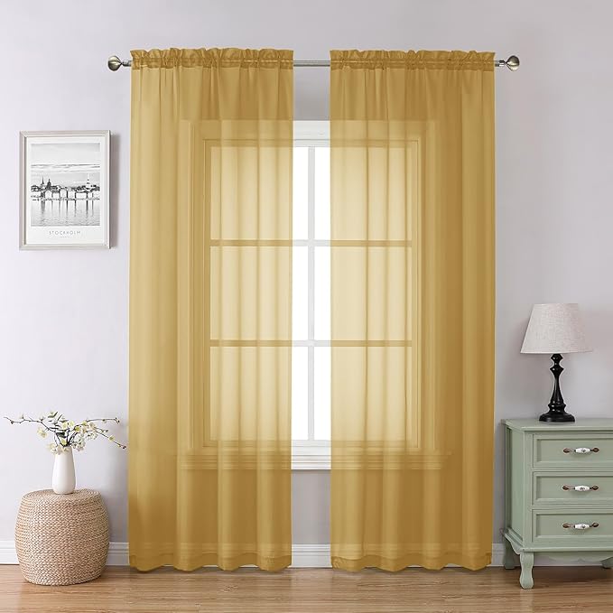 Chyhomenyc Gold Sheer Curtains 84 inches Long 2 Panels Set by Chyhomenyc