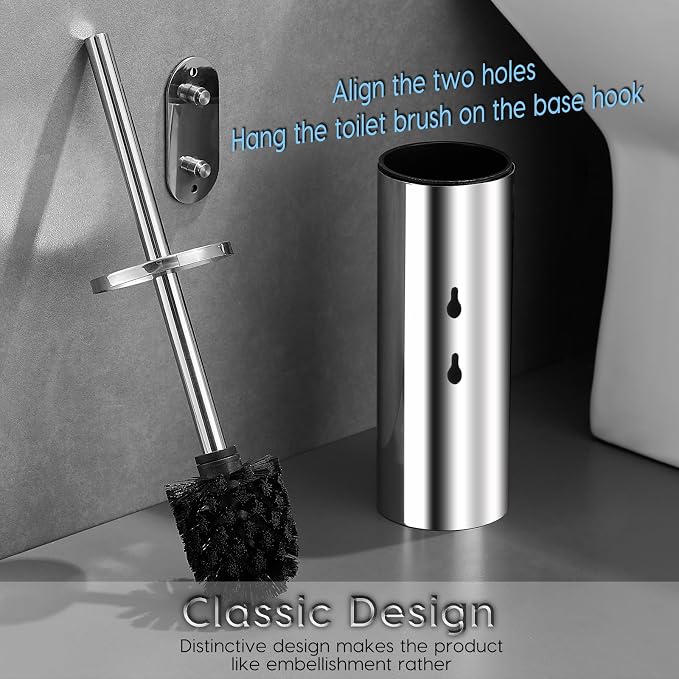 Toilet Brush and Brush Holder, Stainless Steel No-Punch Hook Base Dual Purpose - Image 4