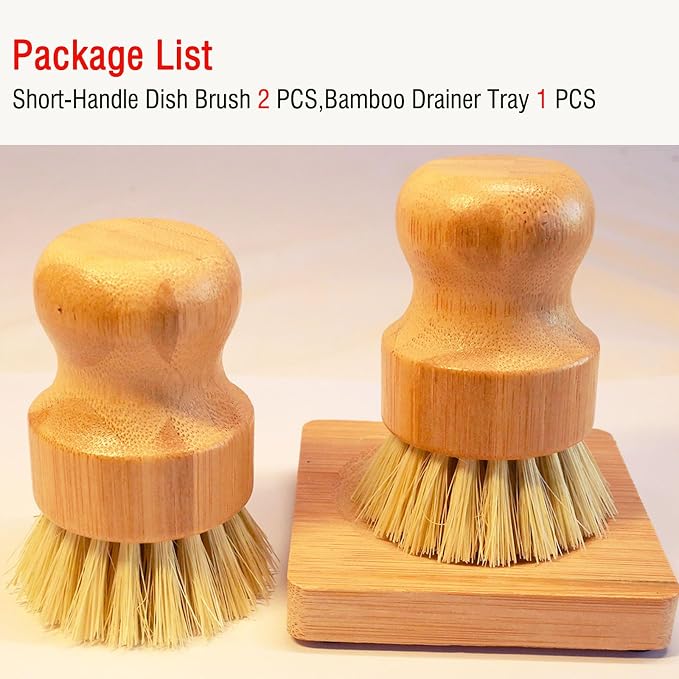 Bamboo Palm Dish Brush Set, Natural Bristle Dish Brush - Image 7