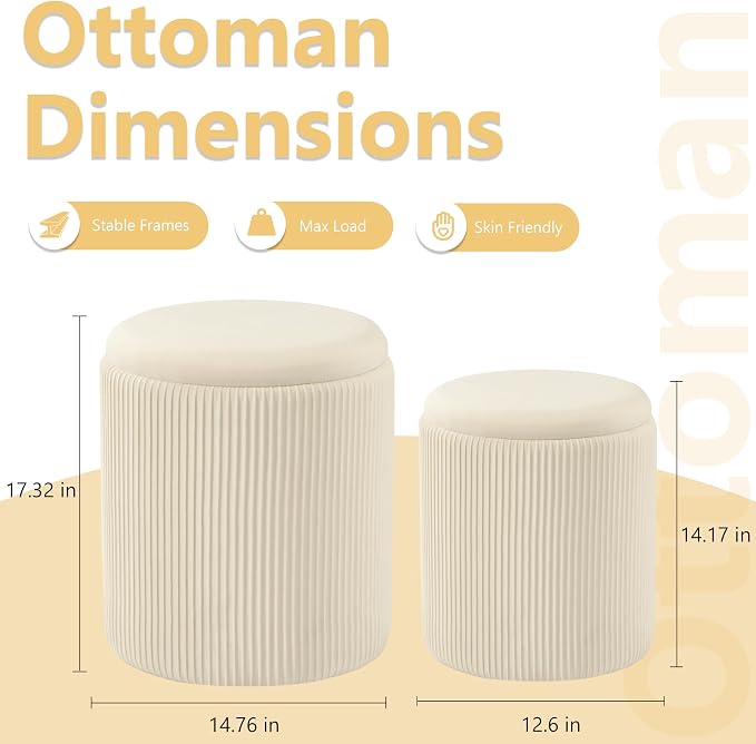 Round Ottoman with Storage Set of 2, Vanity Stool with Storage - Image 3